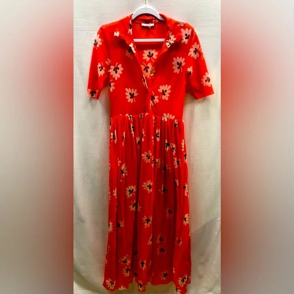 knee length dresses for ladies GANNI floral graphic maxi double layer mesh dress, stretchy fabric (S)   STYX